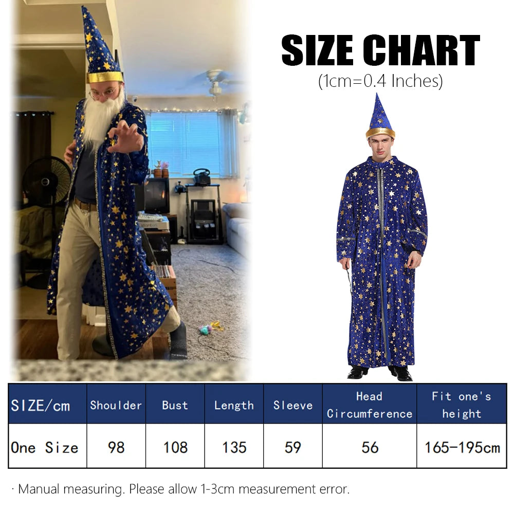 [Halloween Costume for Men and Women] Adult Wizard Cosplay Magician Performance Costume Blue Starry Robe + Pointed Hat Set Stars