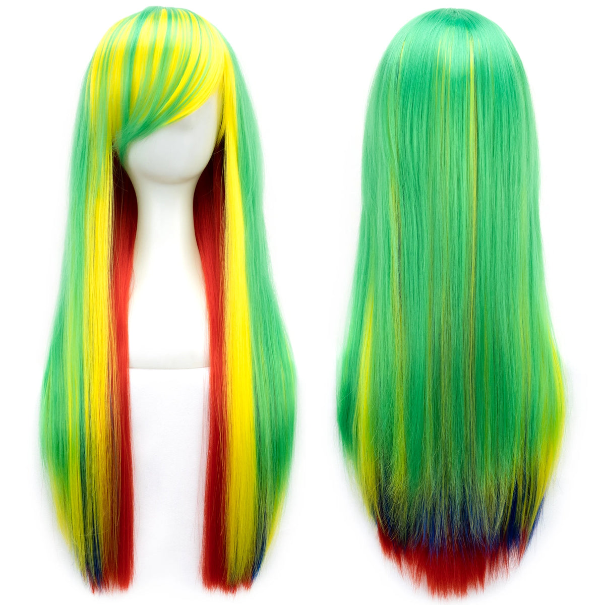 Soowee Synthetic Hair Ombre Rainbow Cosplay Wig with Bangs Red Yellow Purple Green Blue Wigs for Black Women