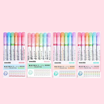 Curve Liner Highlighter Pen Set Roller Tip Pattern Markers 6Pcs