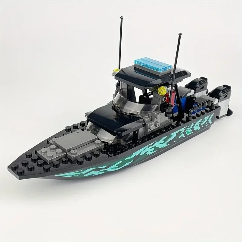 89pcs City Police Moc SWAT Black Camouflage Sea Speedboat Assault Boat Model, Small Puzzle Building Block Toy Accessories