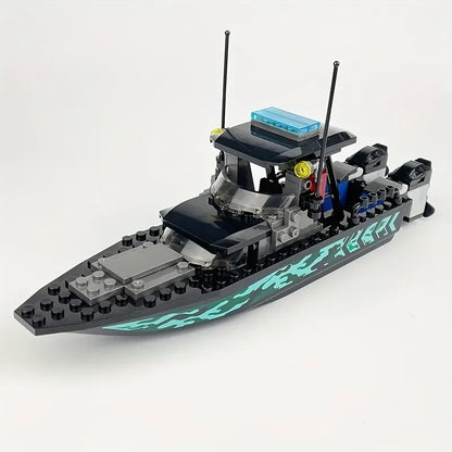89pcs City Police Moc SWAT Black Camouflage Sea Speedboat Assault Boat Model, Small Puzzle Building Block Toy Accessories