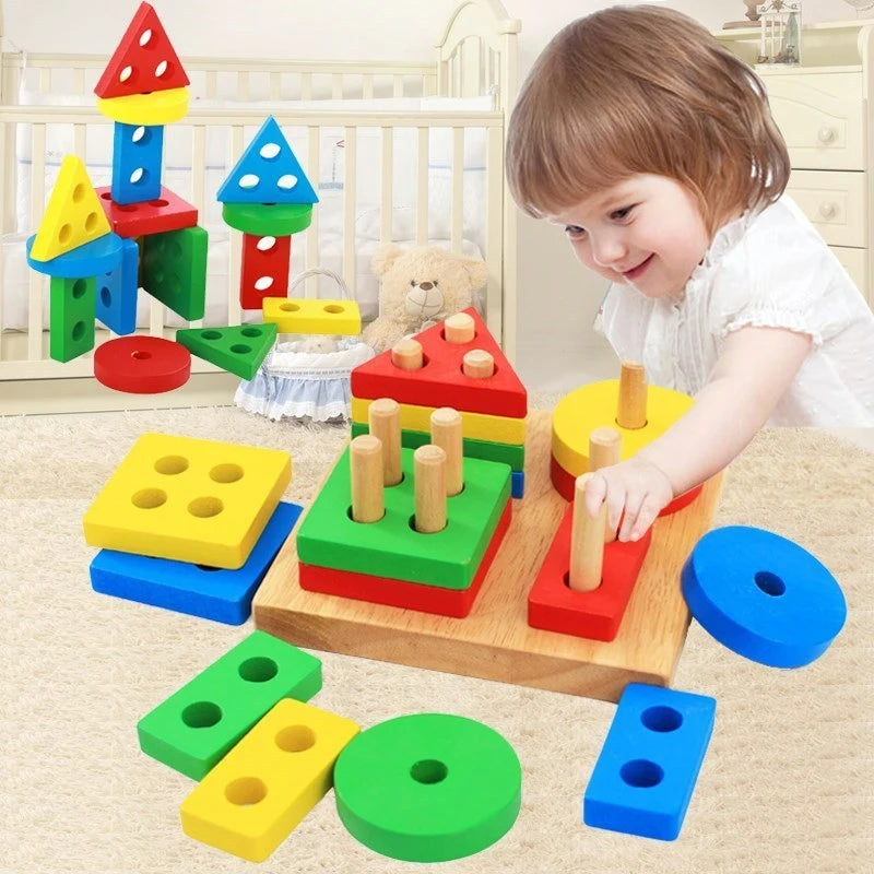 Wooden Geometric Shape Sorter Toddler Math Stacking Puzzle