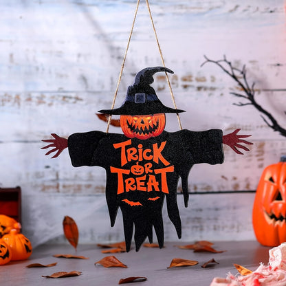 2D Trick-or-Treat Wooden Sign Monster Face Pumpkin Design Rope Hanger Porch Wall 2026 New Year Party Christmas Decor