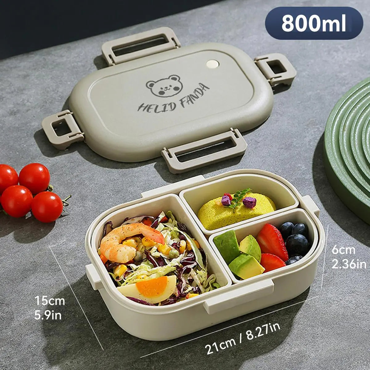 Removable 3 Compartment Plastic Bento Box Microwavable Food Container