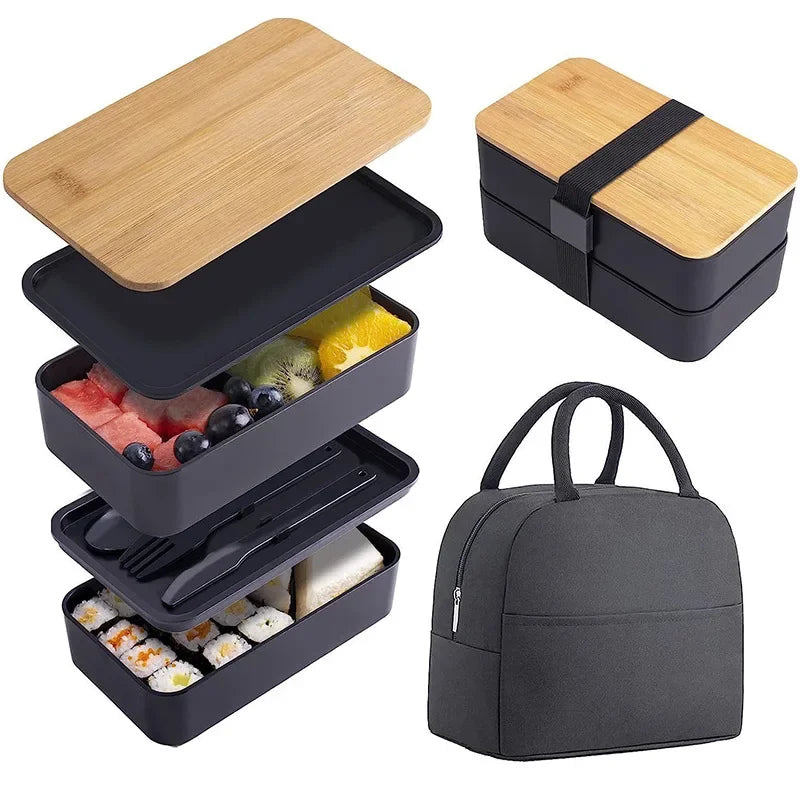 2 Tier Stackable Bento Lunch Box Leakproof Food Container Set Utensils