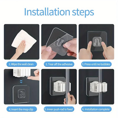 Wall Mounted Mop Broom Holder Punch Free Adhesive Organizer Clip