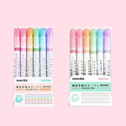 Curve Liner Highlighter Pen Set Roller Tip Pattern Markers 6Pcs