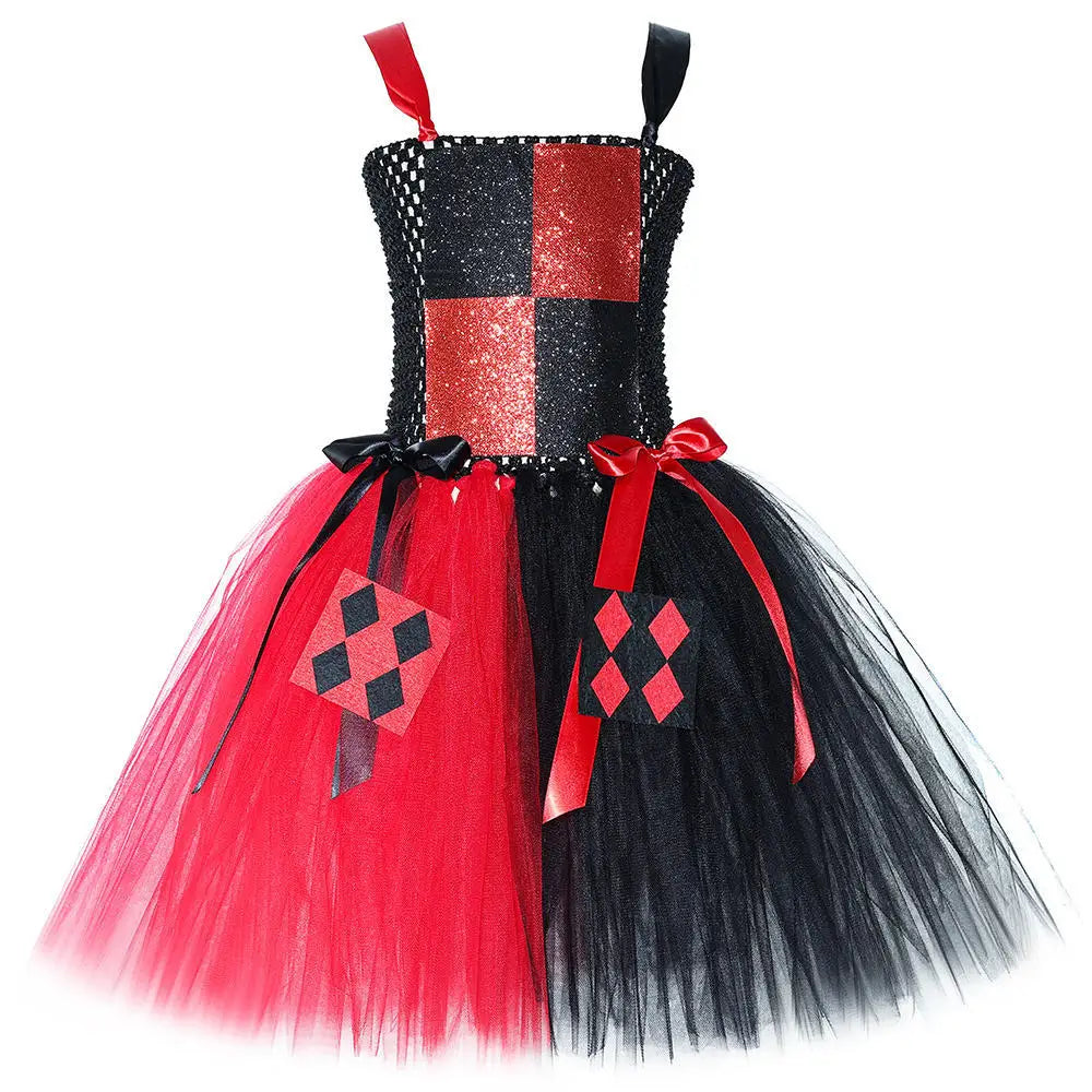 Red Black Clown Halloween Costume for Girls Circus Performance Fancy Dress for Kids Carnival Party Outfit Children Joker Clothes