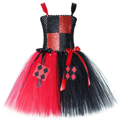 Red Black Clown Halloween Costume for Girls Circus Performance Fancy Dress for Kids Carnival Party Outfit Children Joker Clothes
