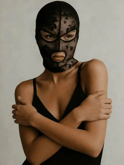 Unisex Full Face Venetian Gothic Lace Mask With Eye Mouth Openings,Black Mesh Headpiece