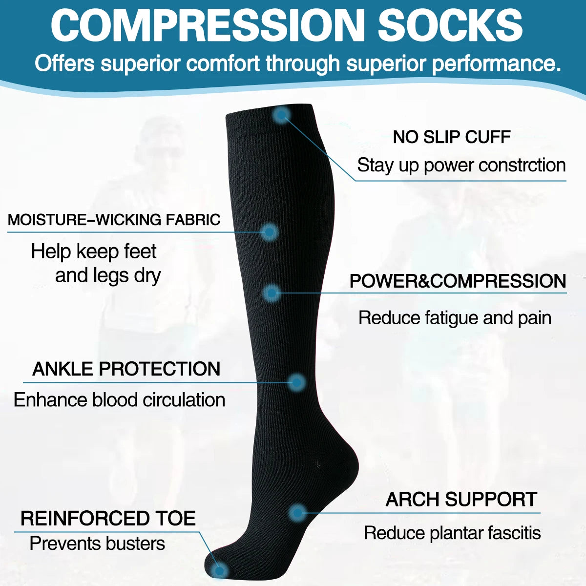 Solid Color Compression Socks Nurse 6 Pairs Knee High Athletic