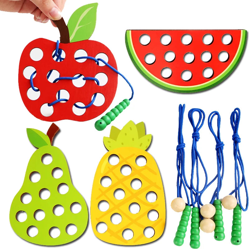 Wooden Lacing Toy Fruit Threading Travel Activity