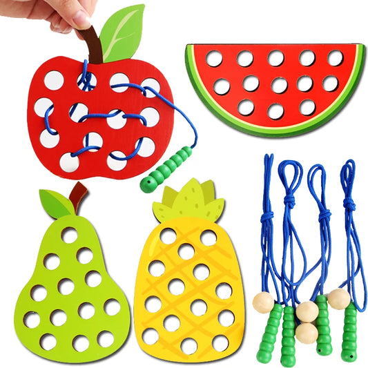 Wooden Lacing Toy Fruit Threading Travel Activity