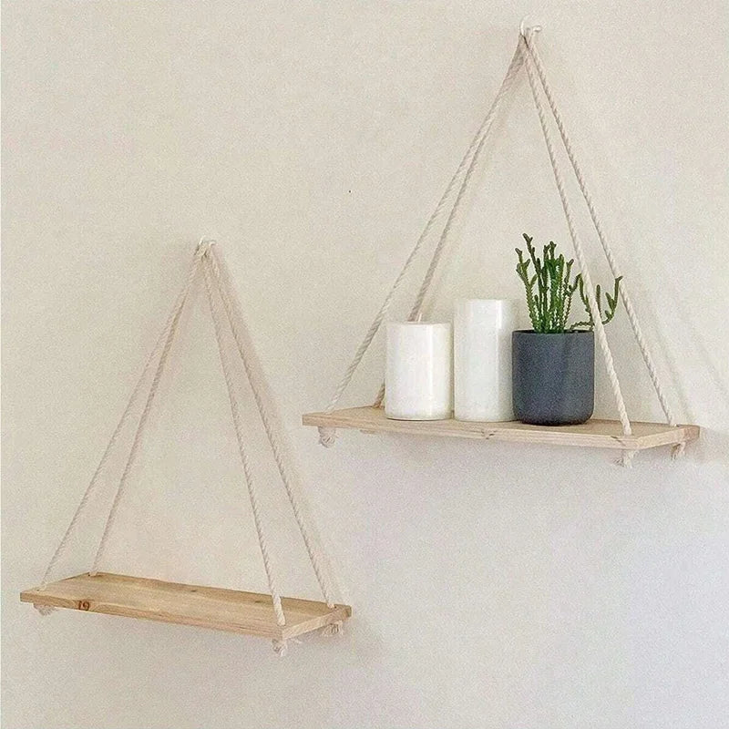 Wooden Swing Hanging Hemp Rope Shelf Floating Plant Tray