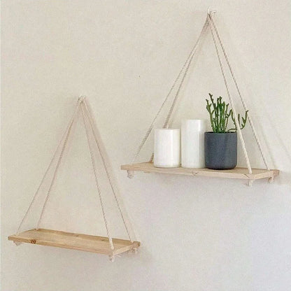 Wooden Swing Hanging Hemp Rope Shelf Floating Plant Tray
