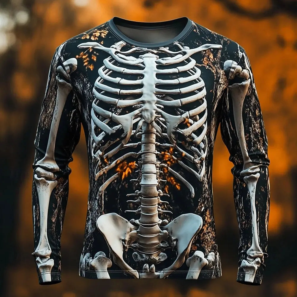 Skeleton Print Long Sleeve Shirt Gothic Streetwear Tee