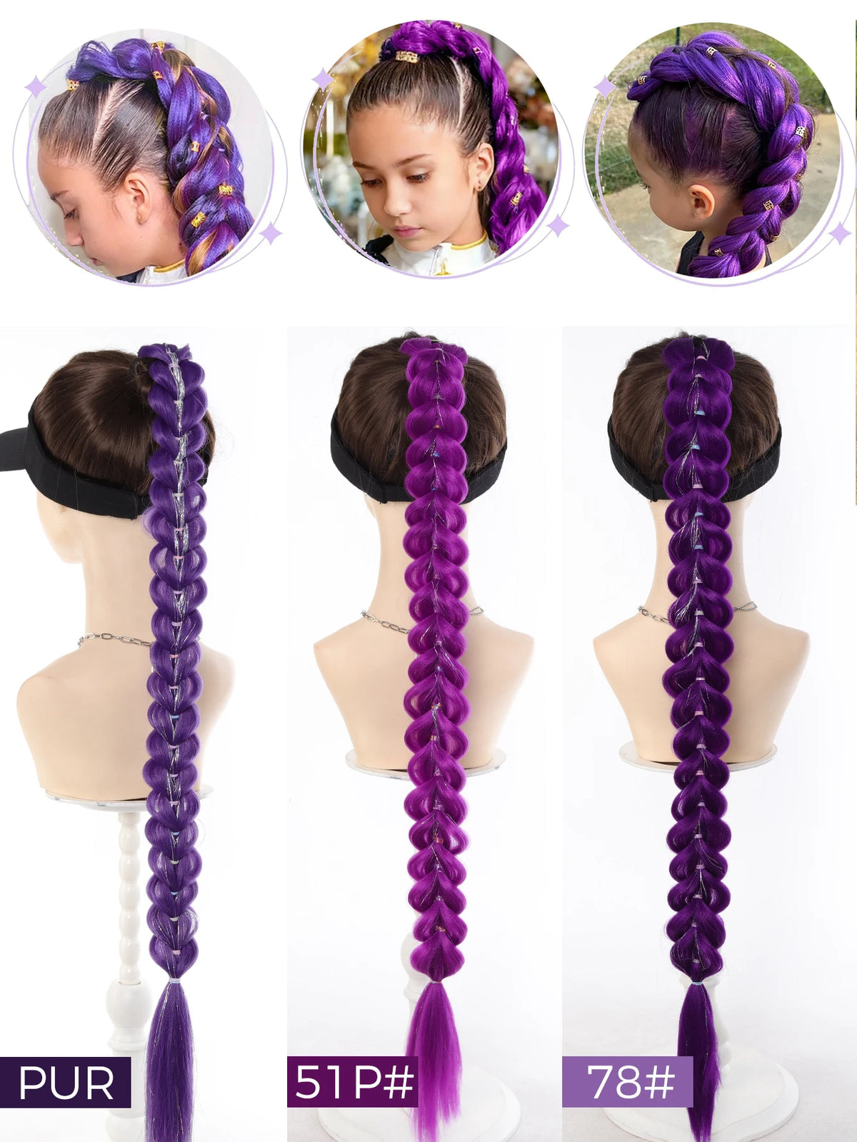 Braided Purple Hair Ponytail with Tinsel Shiny Extension 32"