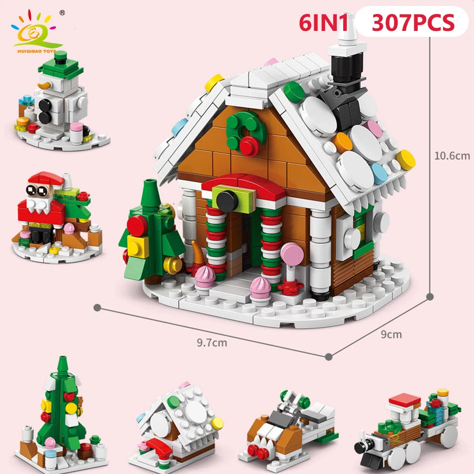 HUIQIBAO 6IN1 Christmas Elk Deer Santa Claus Building Blocks City Snow House Xmas Tree Bricks Set Toys for Children Kids Gift