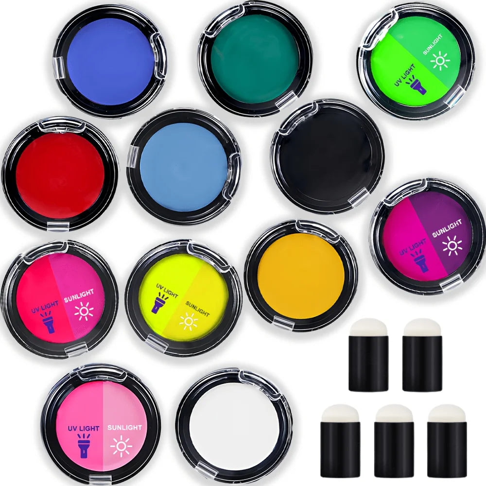 12 Color Cream Body Paint UV Reactive Face Paint Palette Color Changing Makeup Kit DIY Body Art Festival Party Makeup Set Ideas