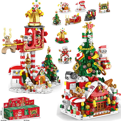 DIY 8in1 Lights Christmas Elk Deer Santa Claus Train Architecture Store Street View Xmas Tree Snow House Building Block Kit Toy
