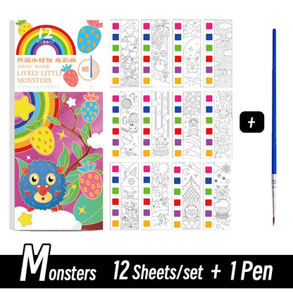 12 Sheets/Set Portable Watercolor Painting Book Coloring Book With Paint Brush Book Kids Graffiti Picture Drawing Stationery