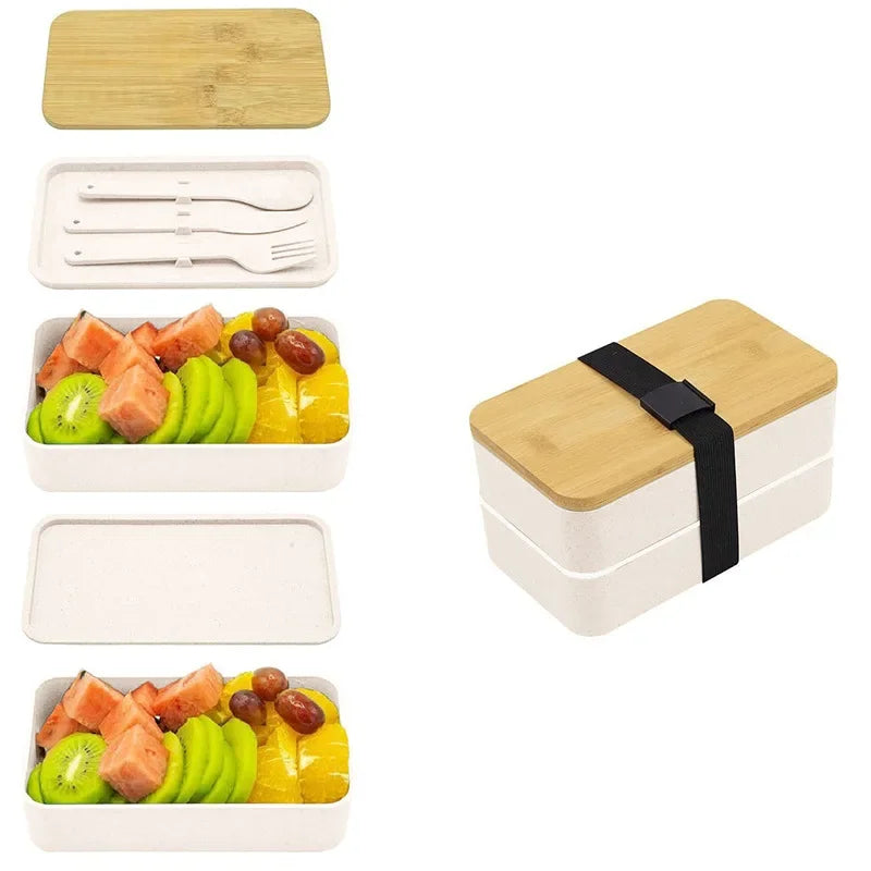 2 Tier Stackable Bento Lunch Box Leakproof Food Container Set Utensils