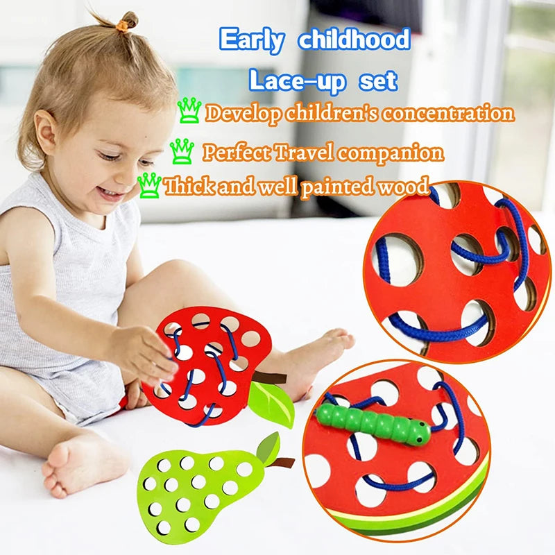 Wooden Lacing Toy Fruit Threading Travel Activity