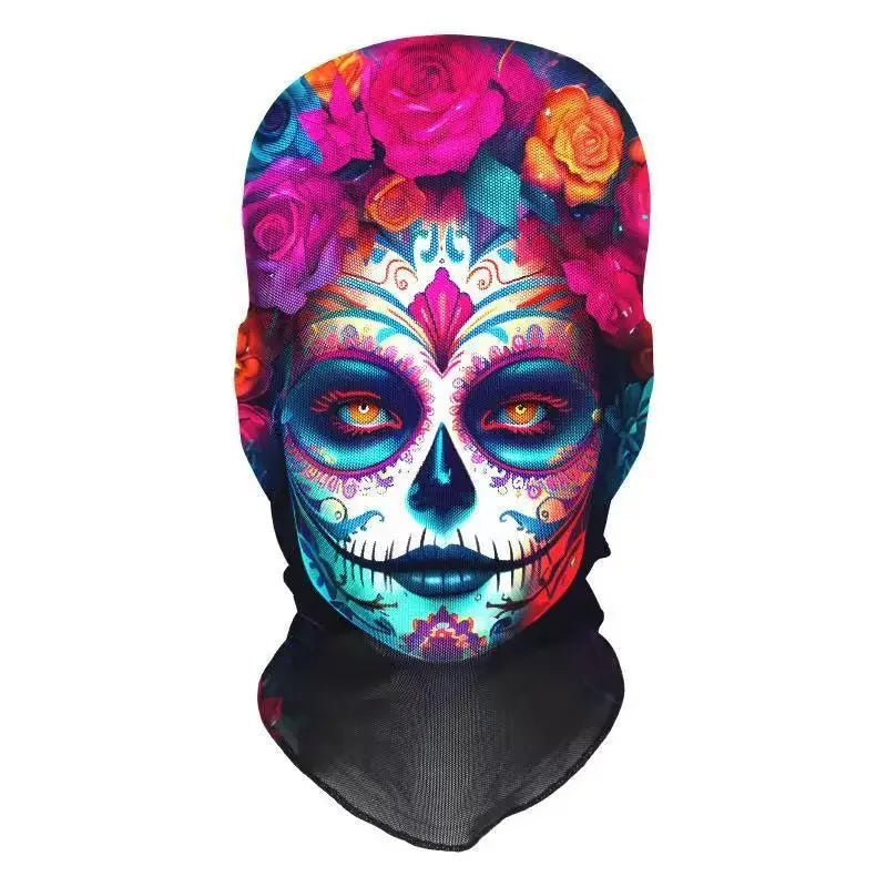 Halloween Skeleton Mask Elastic Mesh Hood Scary Party Cosplay Prop Breathable Face Cover Hood