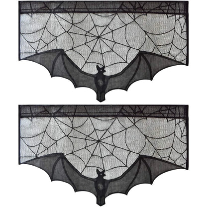 1pc Halloween Lace Curtain Black Bat Spider Tablecloth Fireplace Mantel Scarf Cover Halloween Home Room Cobweb Horror Decoration
