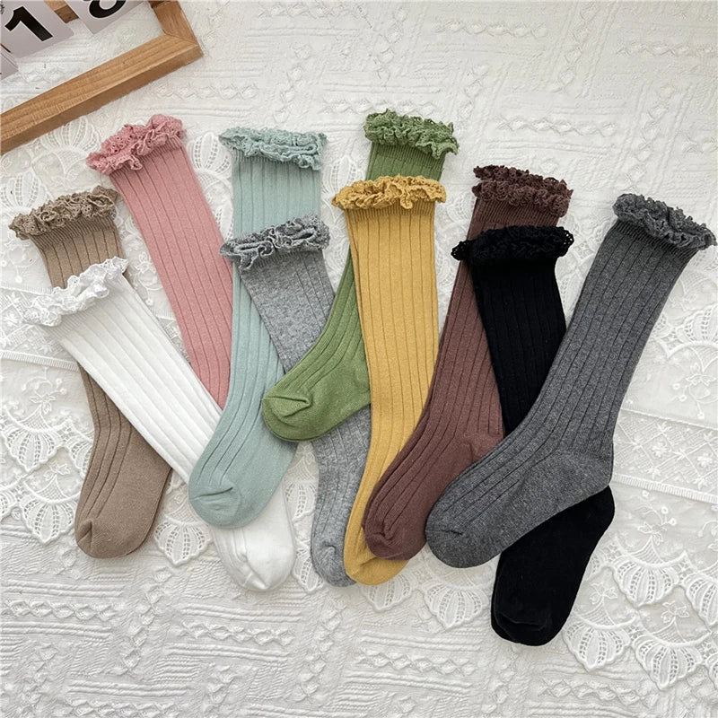 Ruffle Girls Knee High Socks Baby Lace Flower School Uniform