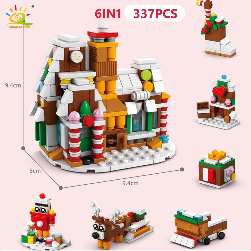HUIQIBAO 6IN1 Christmas Elk Deer Santa Claus Building Blocks City Snow House Xmas Tree Bricks Set Toys for Children Kids Gift