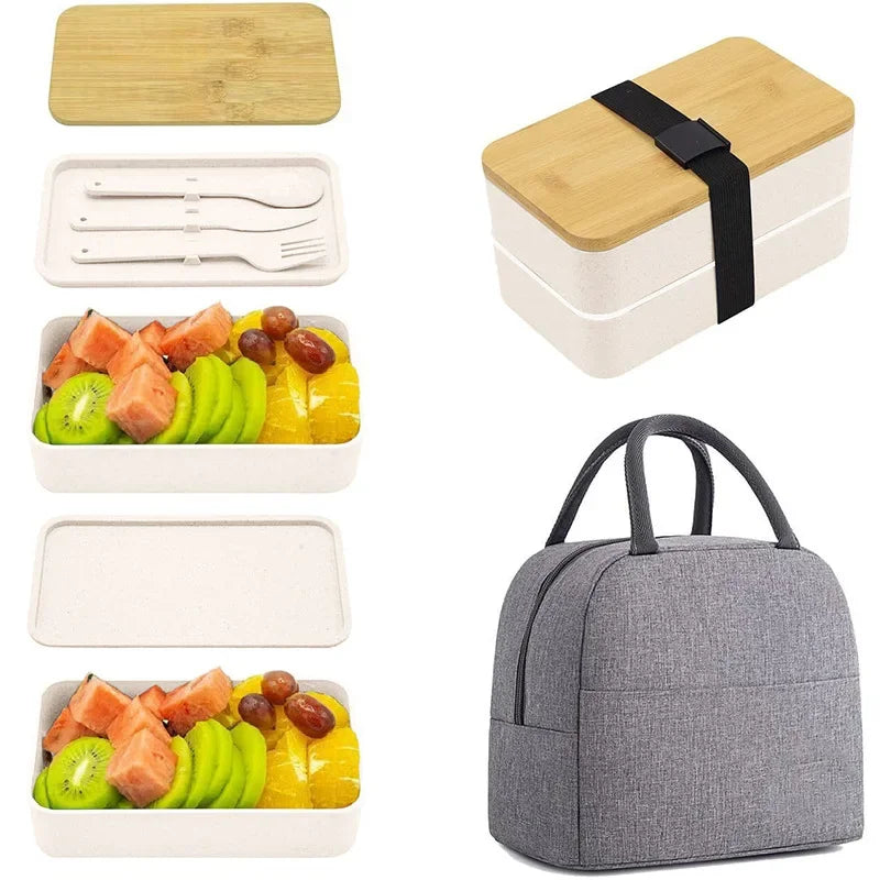 2 Tier Stackable Bento Lunch Box Leakproof Food Container Set Utensils