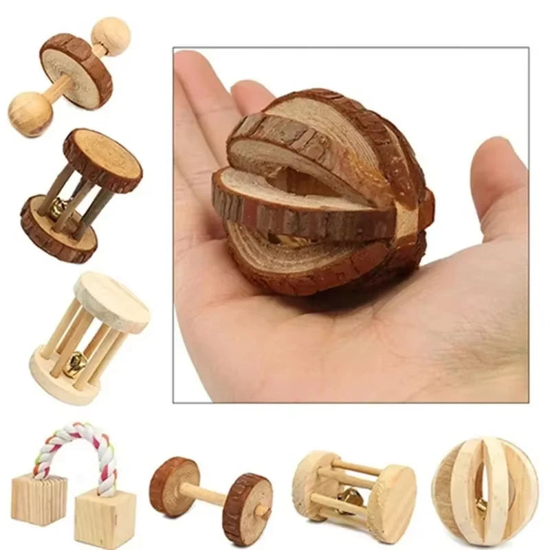 Natural Wooden Small Animal Chew Toys Rabbit Roller