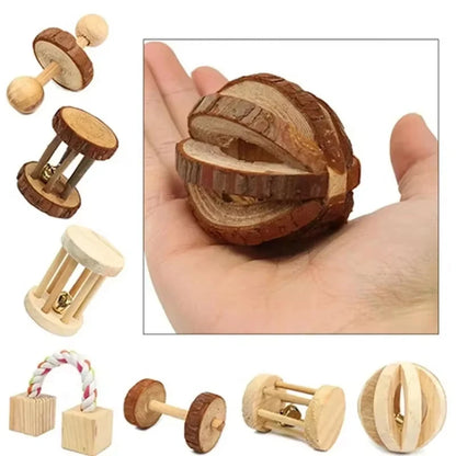 Natural Wooden Small Animal Chew Toys Rabbit Roller