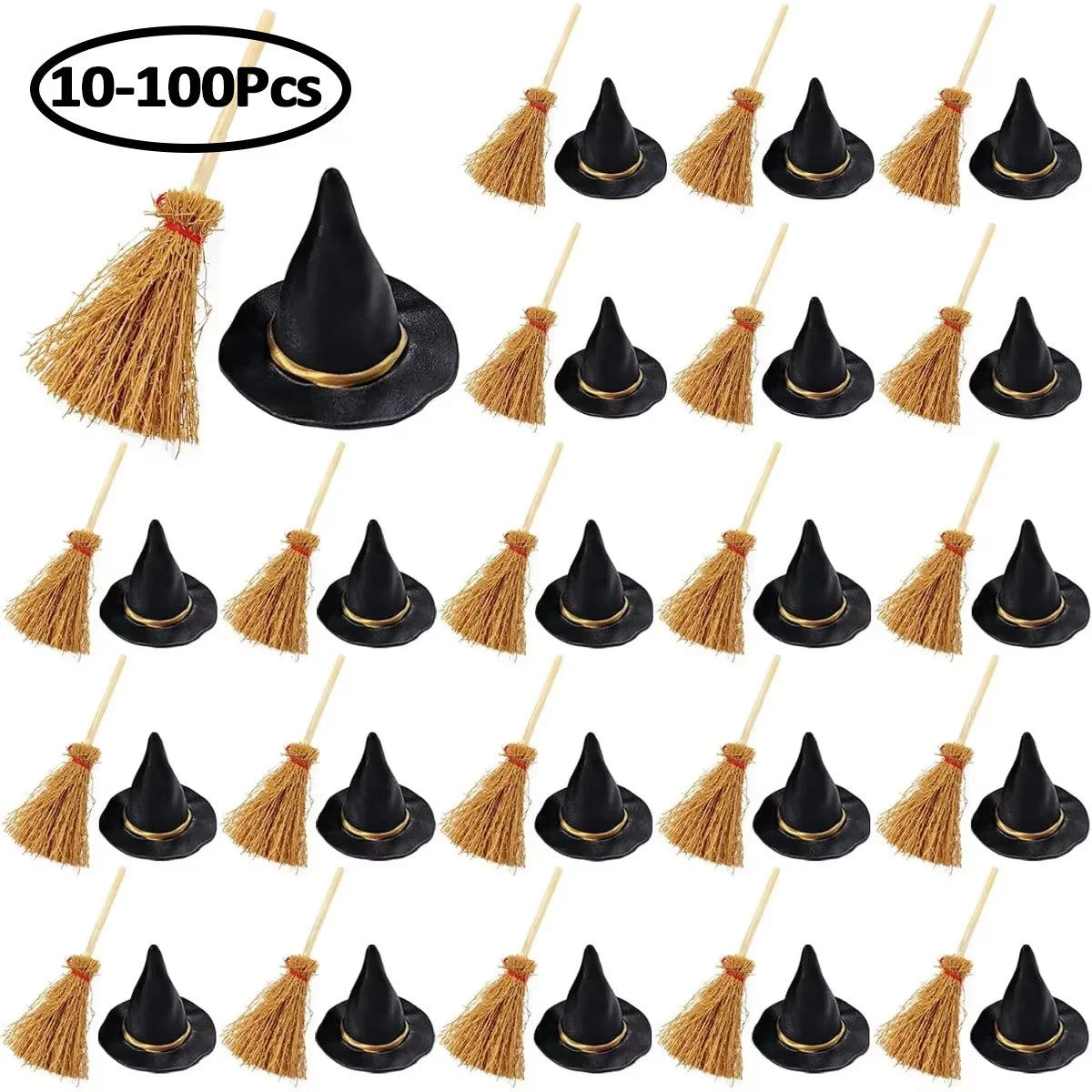 10-100Pcs Mini Witch Hat with Mini Broom Miniature Straw Brooms with Red Rope for Halloween Party Craft Witches Decor Accessory