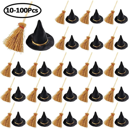 10-100Pcs Mini Witch Hat with Mini Broom Miniature Straw Brooms with Red Rope for Halloween Party Craft Witches Decor Accessory