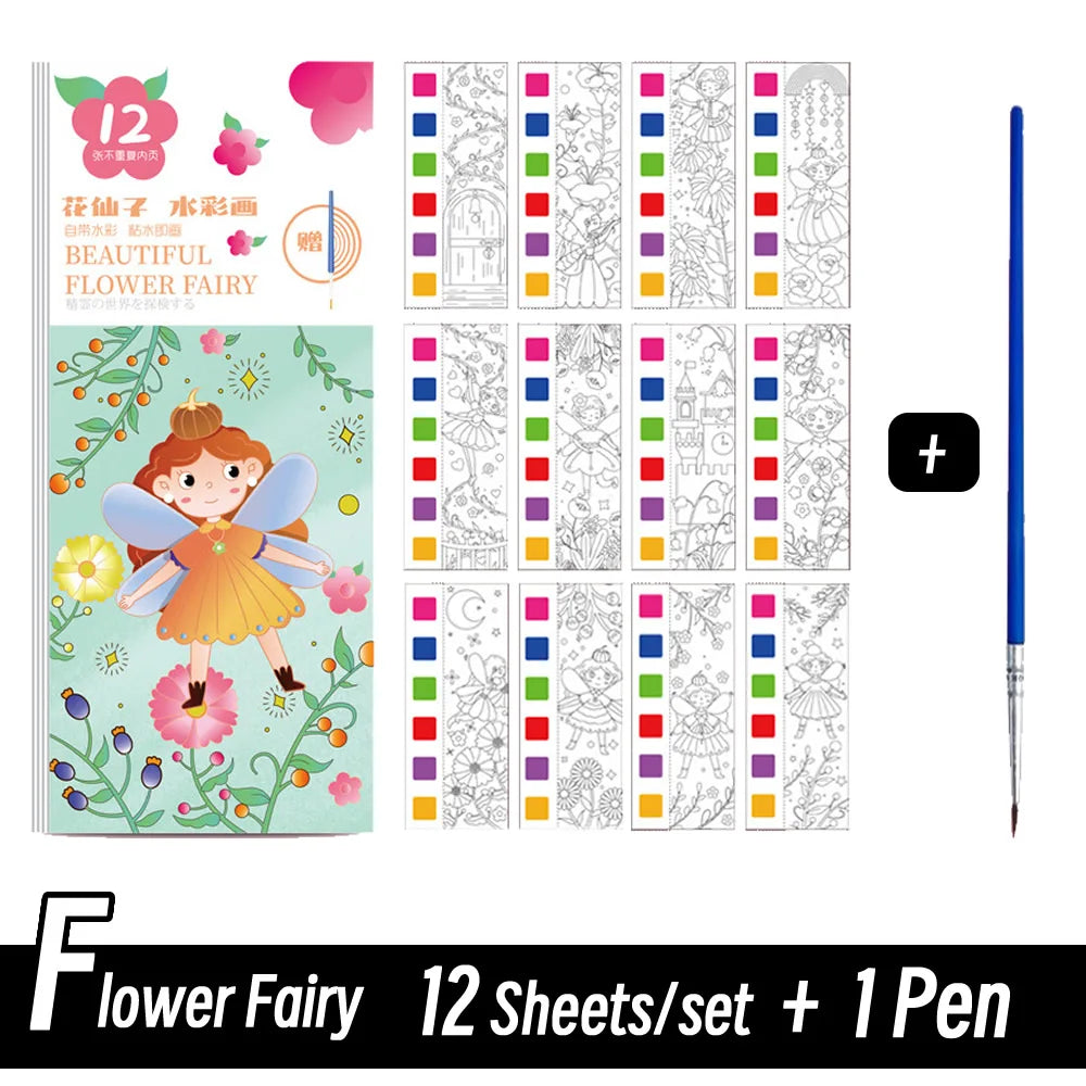 12 Sheets/Set Portable Watercolor Painting Book Coloring Book With Paint Brush Book Kids Graffiti Picture Drawing Stationery