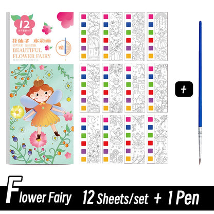 12 Sheets/Set Portable Watercolor Painting Book Coloring Book With Paint Brush Book Kids Graffiti Picture Drawing Stationery