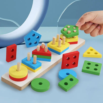 Wooden Geometric Shape Sorter Toddler Math Stacking Puzzle