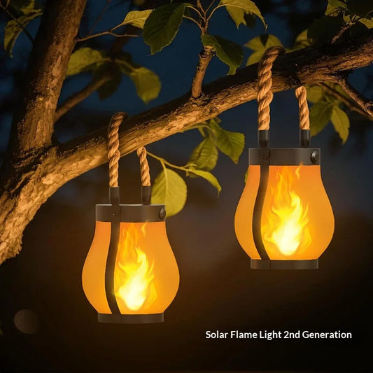Solar Flame Rope Lantern Type-C Fast Charging Waterproof Hanging Lamp with Flickering 3D Flame for Garden Patio Camping Decor