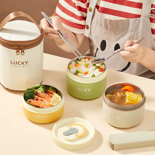 WORTHBUY 304 Stainless Steel Keep Warm Lunch Box For Student Kids Leak-proof Round Insulated Food Jar For Cold And Hot Food