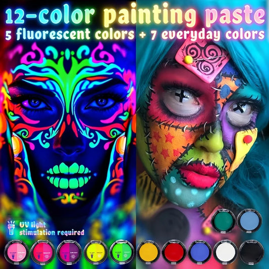 12 Color Cream Body Paint UV Reactive Face Paint Palette Color Changing Makeup Kit DIY Body Art Festival Party Makeup Set Ideas