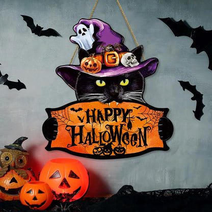 2D Trick-or-Treat Wooden Sign Monster Face Pumpkin Design Rope Hanger Porch Wall 2026 New Year Party Christmas Decor
