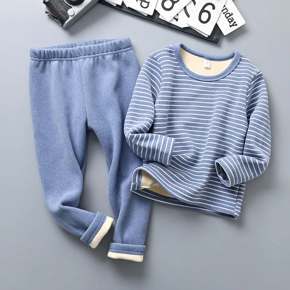 Plush Lined Children Striped Pajama Set Warm Homewear