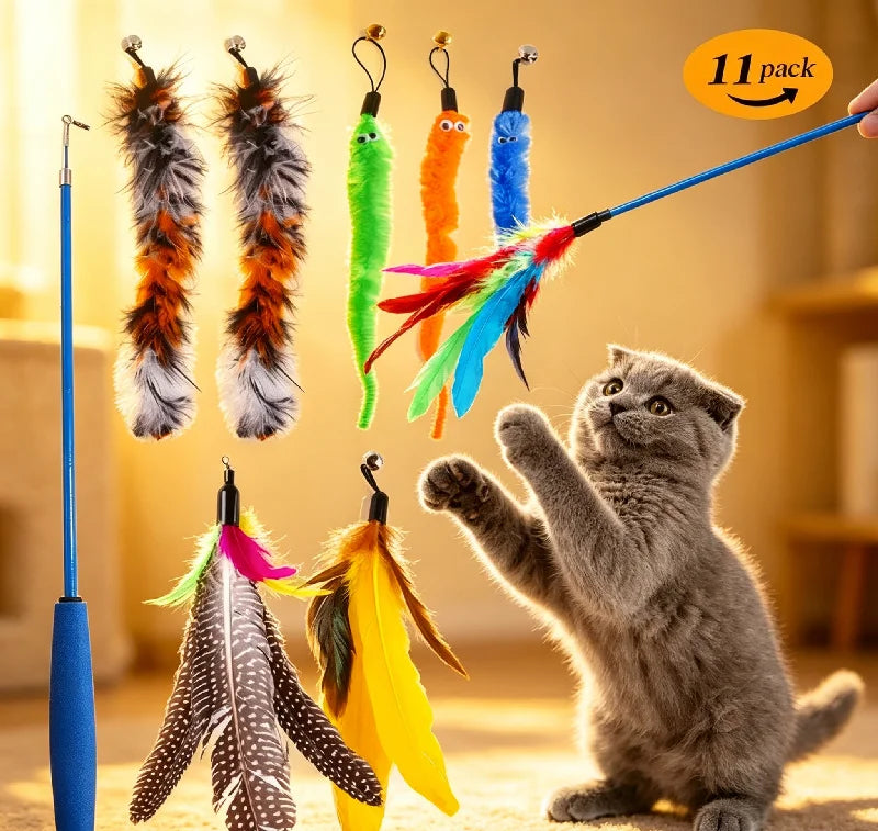 Retractable Cat Feather Wand Toy Set Teaser Stick