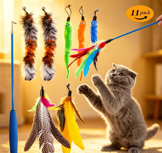 Retractable Cat Feather Wand Toy Set Teaser Stick