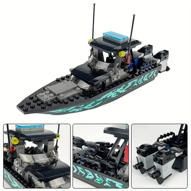 89pcs City Police Moc SWAT Black Camouflage Sea Speedboat Assault Boat Model, Small Puzzle Building Block Toy Accessories