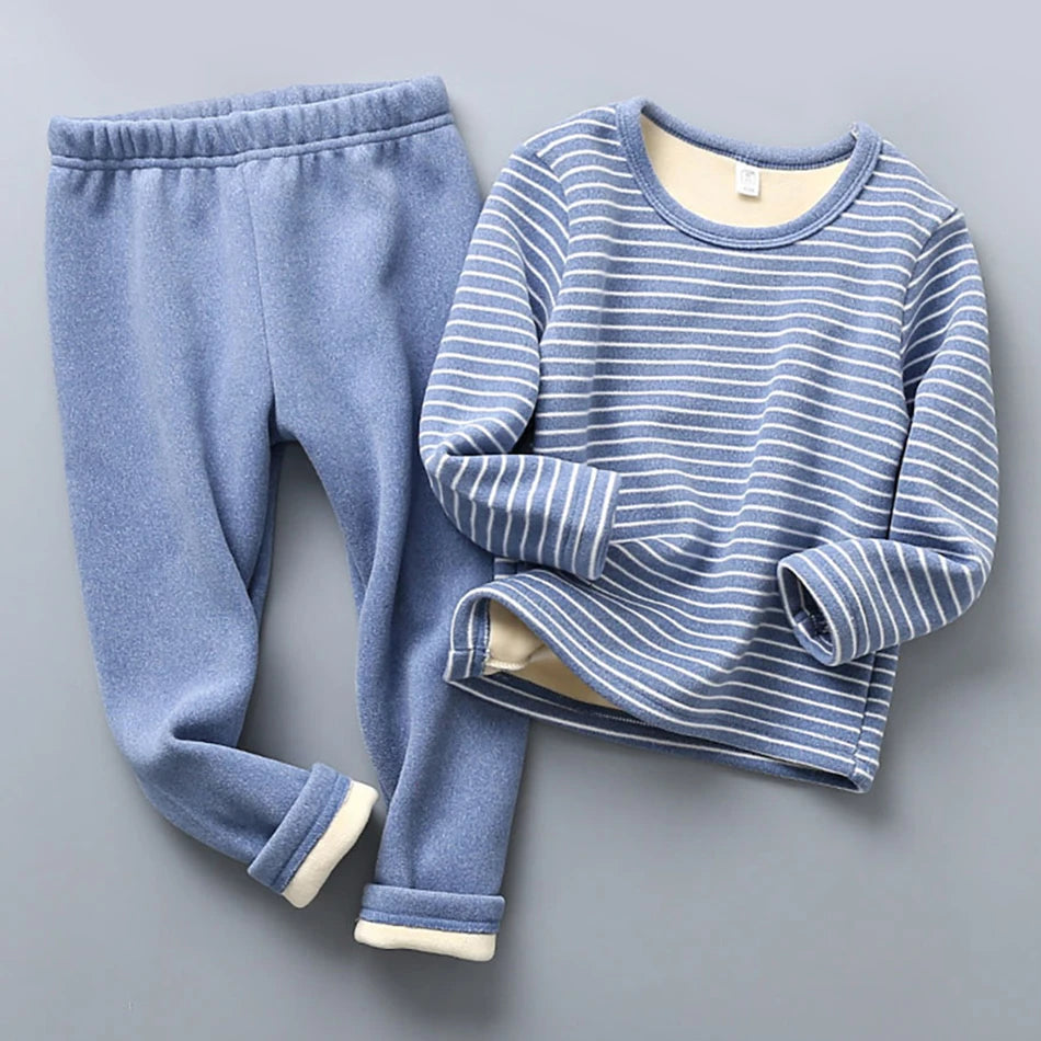 Plush Lined Children Striped Pajama Set Warm Homewear