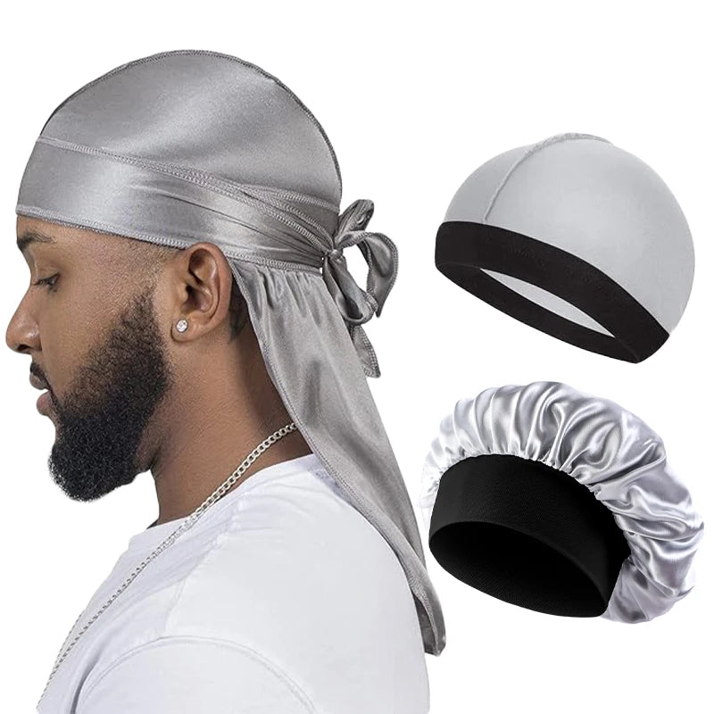 3PCS/LOT Women Men Silky Durag Long Tail Pirate Hat Elastic Bonnet Turban Dome Cap Unisex Bandanas Sleeping Shower Cap Head Wrap