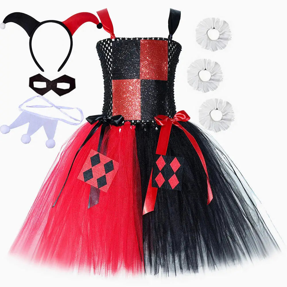 Red Black Clown Halloween Costume for Girls Circus Performance Fancy Dress for Kids Carnival Party Outfit Children Joker Clothes